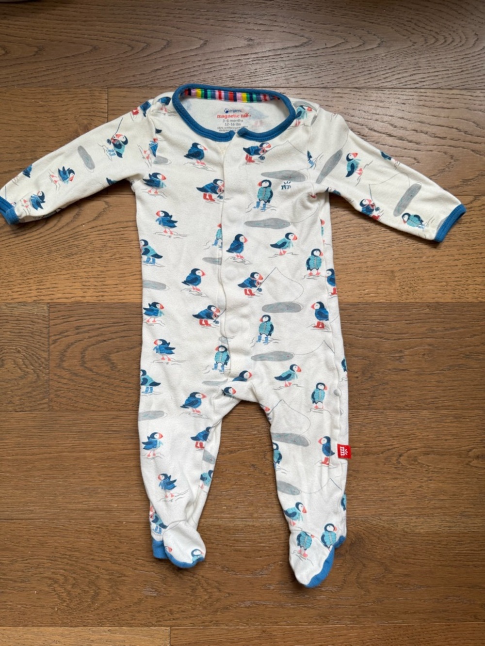 Magnetic Me 3-6 Puffin Print White and Blue Footed One-Piece